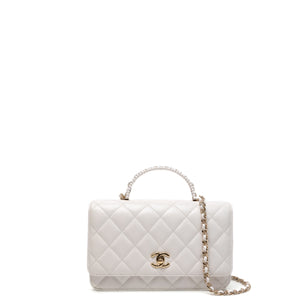 CHANEL TOP HANDLE WALLET ON CHAIN WHITE LAMBSKIN LEATHER GHW (MICROCHIP)