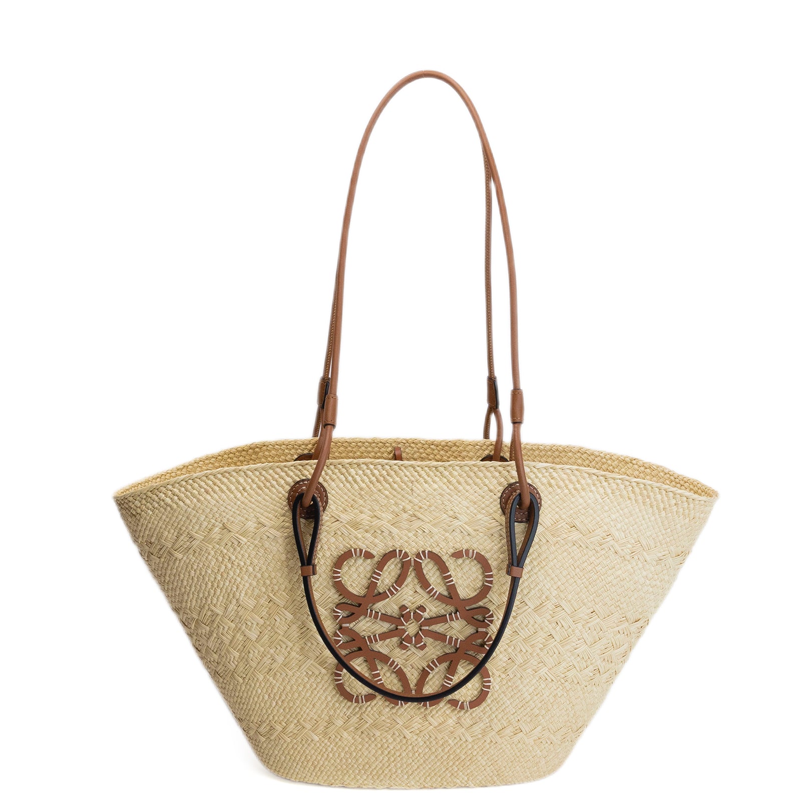 LOEWE MEDIUM ANAGRAM BASKET TOTE BAG IN IRACA PALM AND CALFSKIN NATURAL / TAN