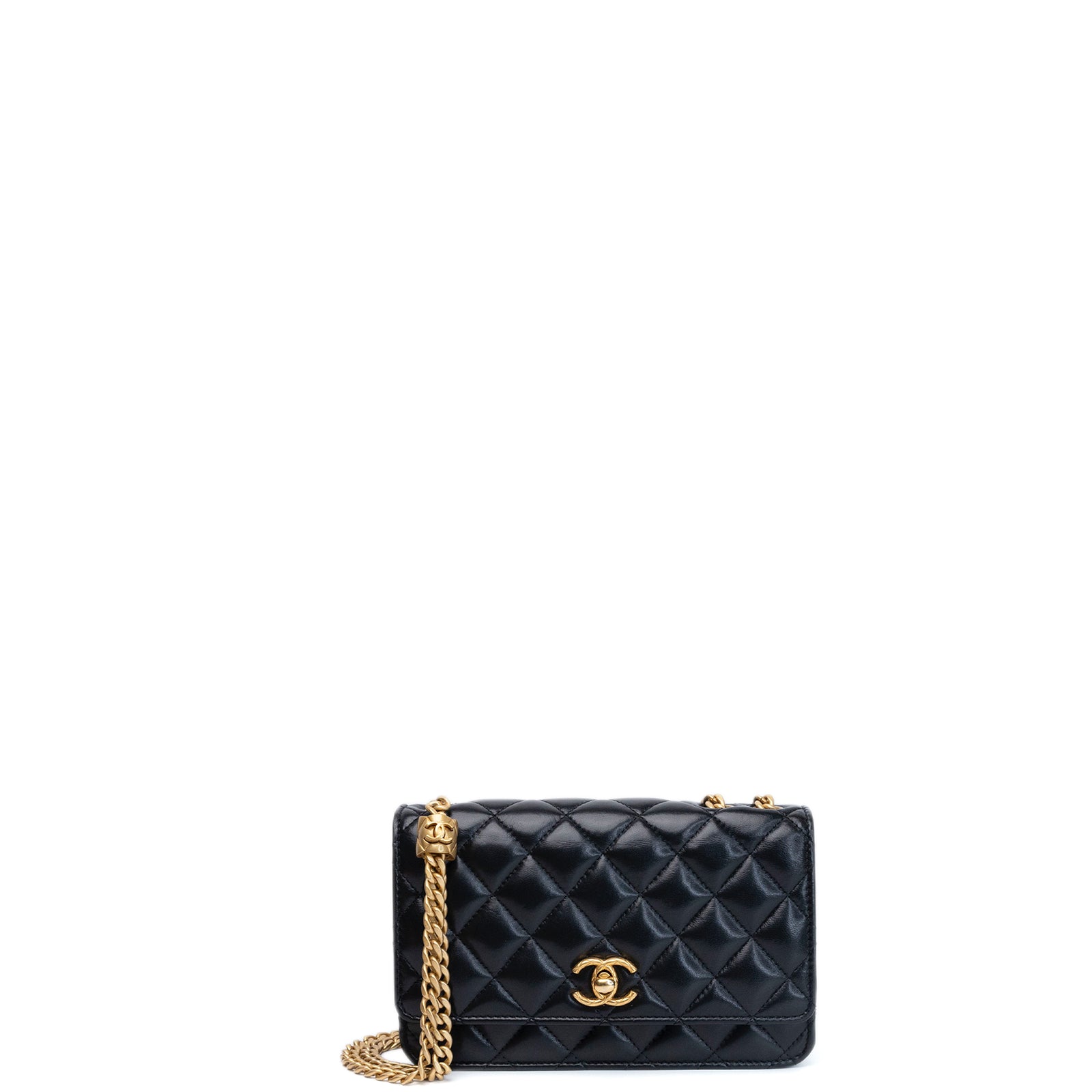 CHANEL 22K GOLD PILLAR WALLET ON CHAIN BLACK LAMBSKIN GHW