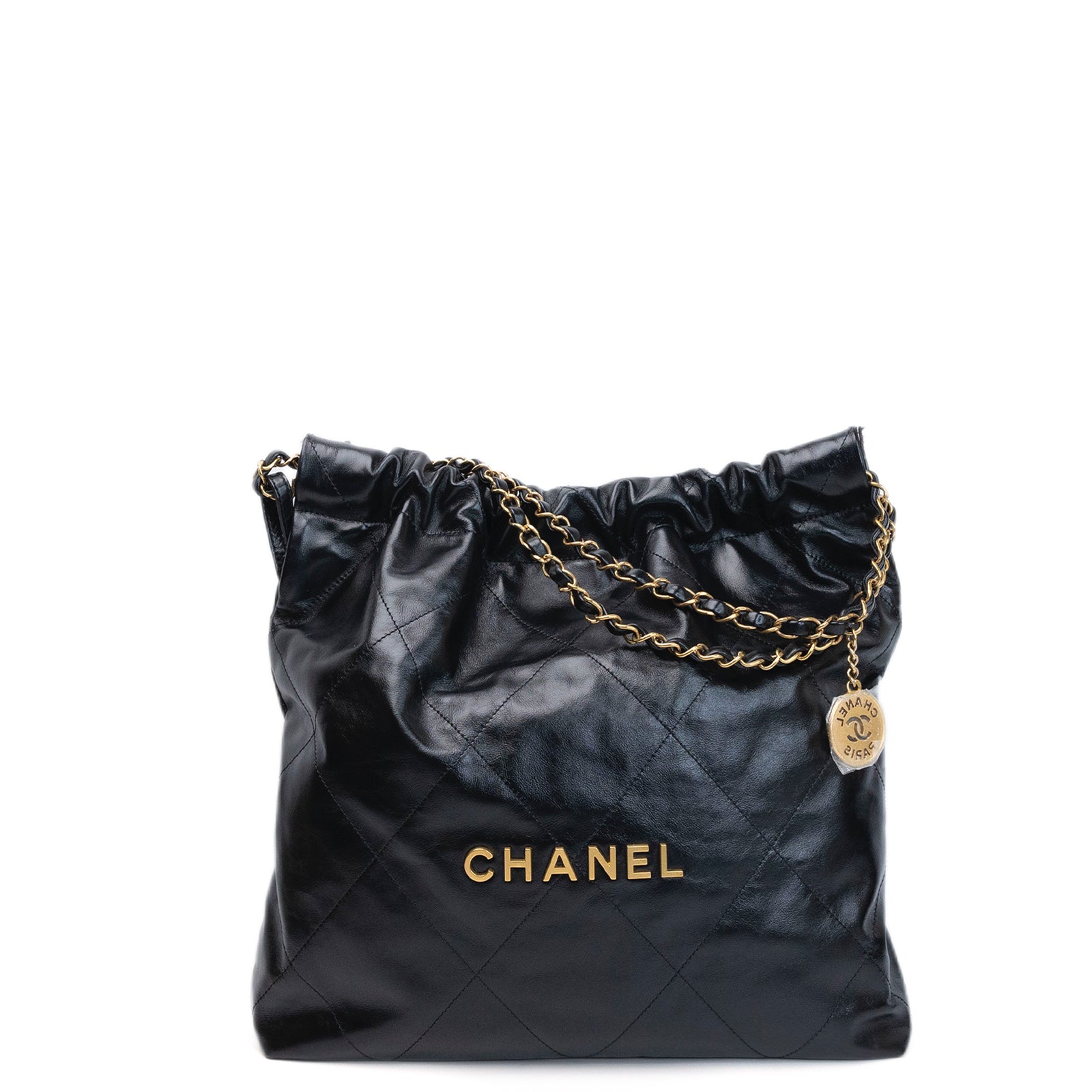 CHANEL MEDIUM 22 BAG SHINY CALFSKIN BLACK GHW (MICROCHIP)