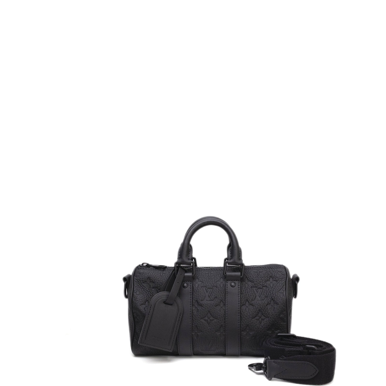 LOUIS VUITTON KEEPALL BANDOULIERE 25 MONOGRAM BLACK TAURILLON LEATHER BLACK HARDWARE (MICROCHIP)
