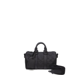 LOUIS VUITTON KEEPALL BANDOULIERE 25 MONOGRAM BLACK TAURILLON LEATHER BLACK HARDWARE (MICROCHIP)