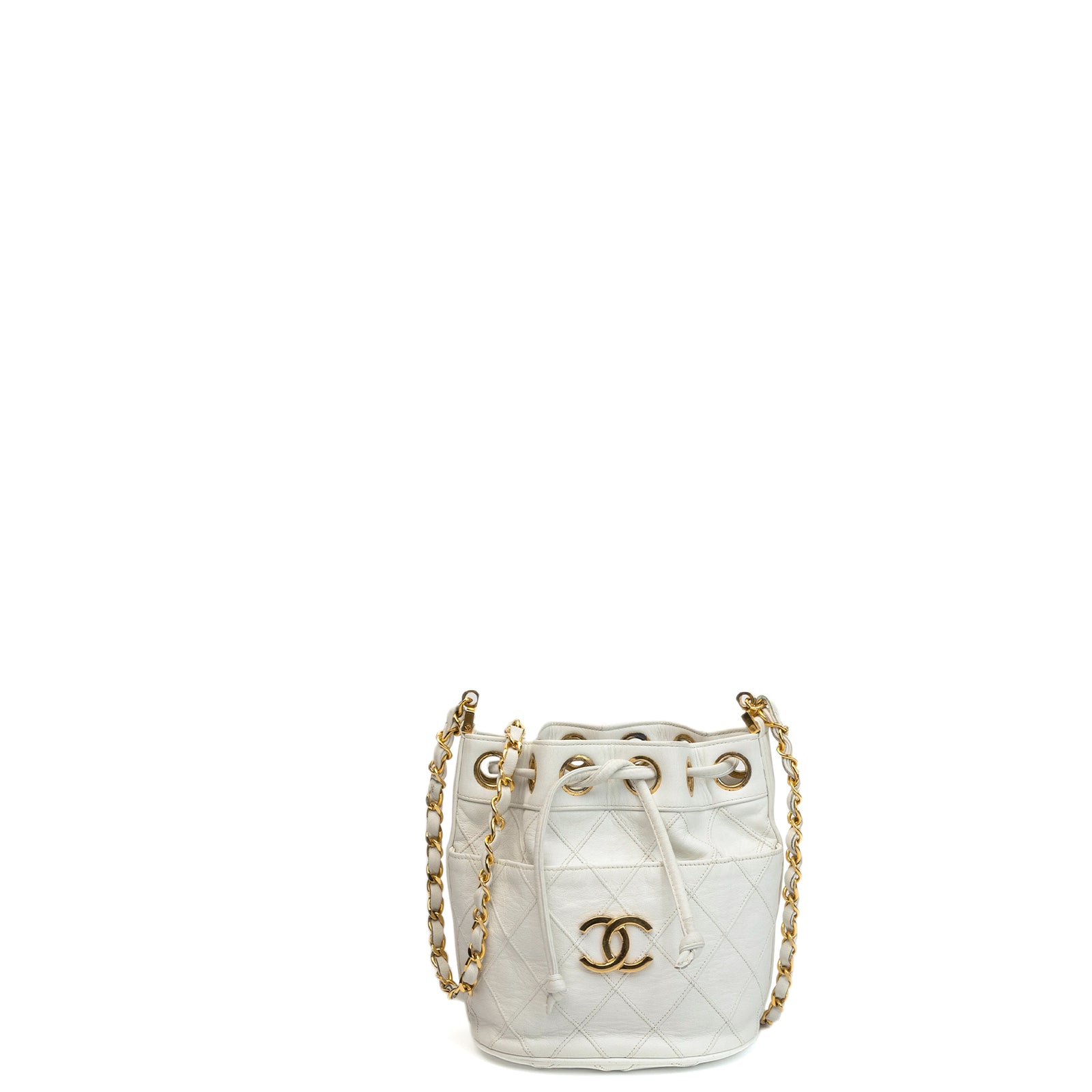 CHANEL VINTAGE MINI QUILTED CC BUCKET BAG WHITE CALFSKIN GHW