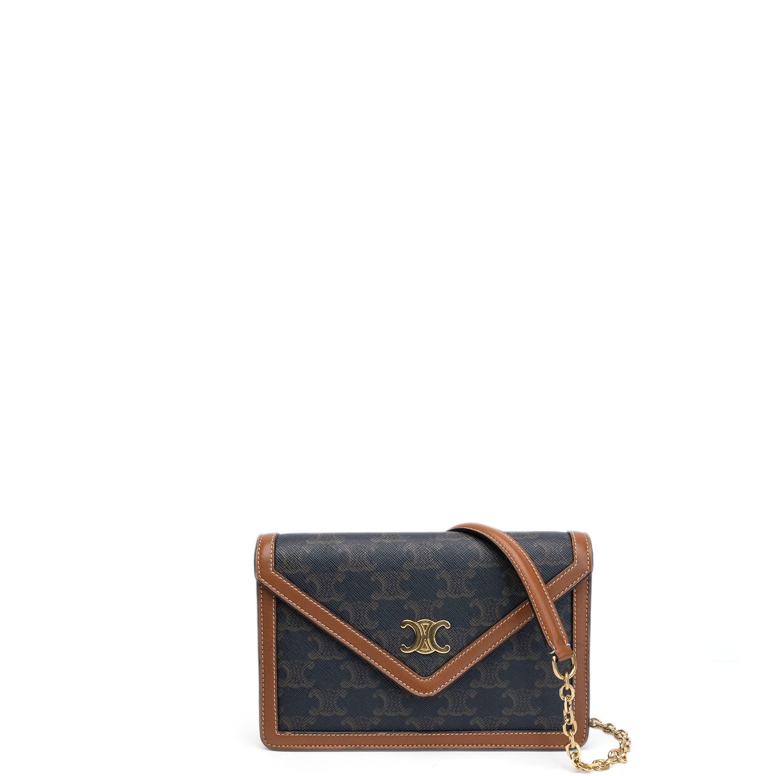 CELINE TRIOMPHE CANVAS CALFSKIN WALLET ON CHAIN TAN GHW