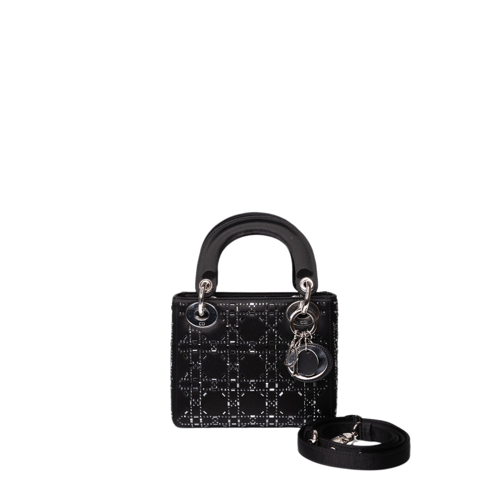 CHRISTIAN DIOR MINI LADY DIOR SATIN CRYSTAL BLACK SHW
