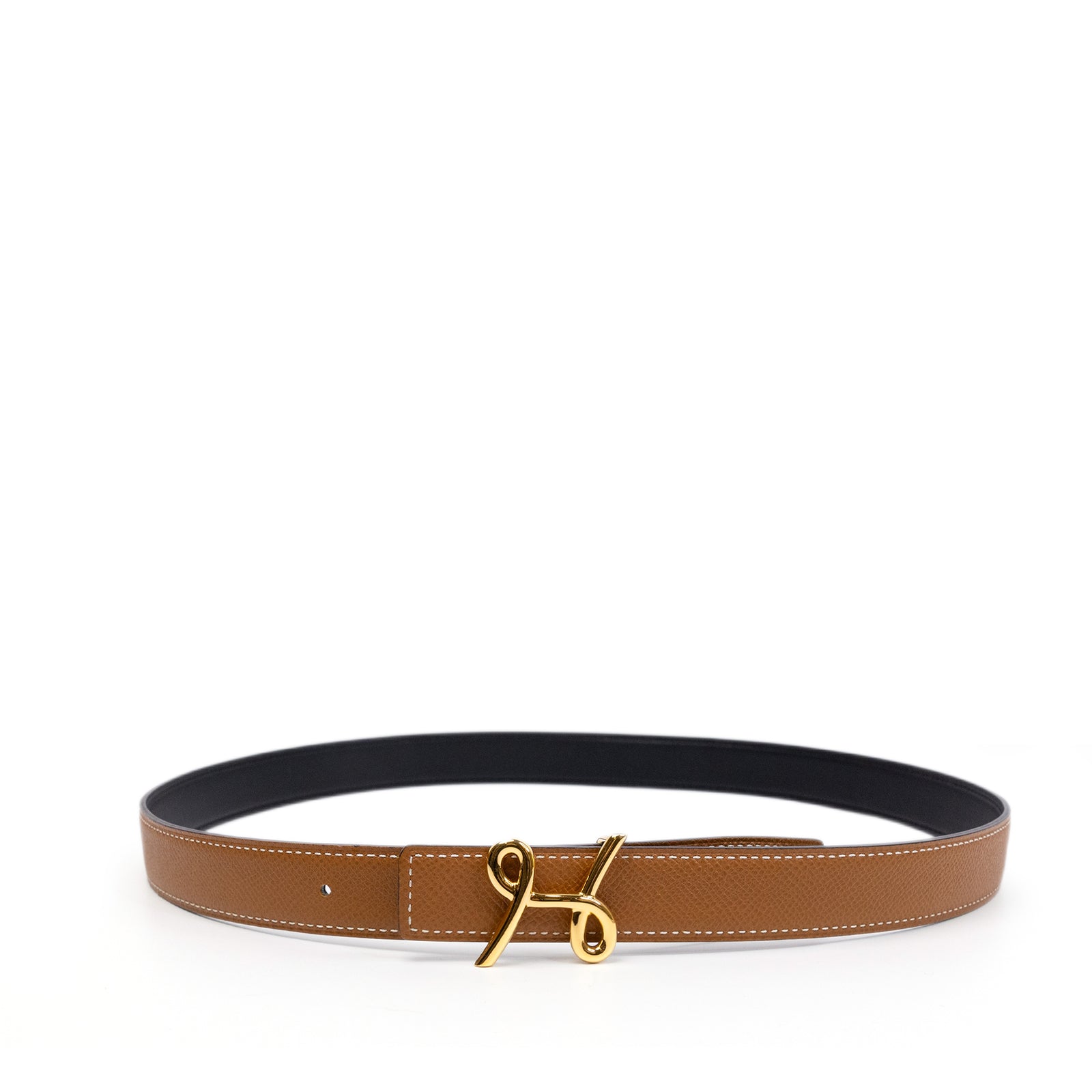 HERMES CURSIVES DOUBLE SIDE BELT 24MM BLACK/GOLD EPSOM LEATHER GHW
