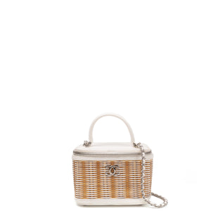 CHANEL RAFFIA SMALL VANITY CASE BAG BEIGE/ WHITE LEATHER WITH WICKER SHW