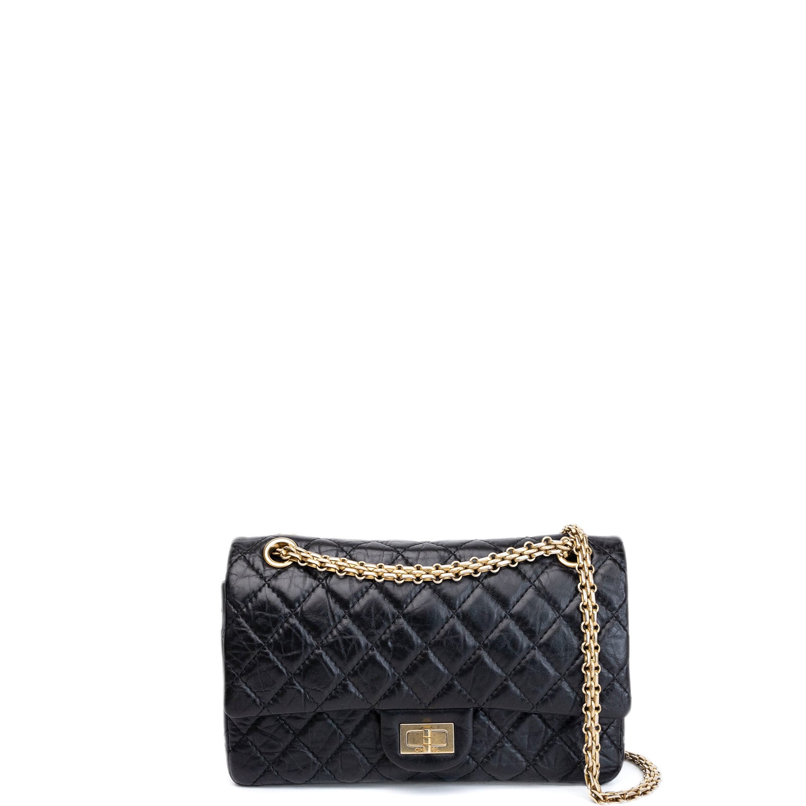 CHANEL SMALL 2.55 REISSUE DOUBLE FLAP BAG AGED CALFSKIN BLACK GHW