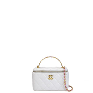 CHANEL TOP HANDLE LONG VANITY CASE WITH CHAIN WHITE LAMBSKIN GHW