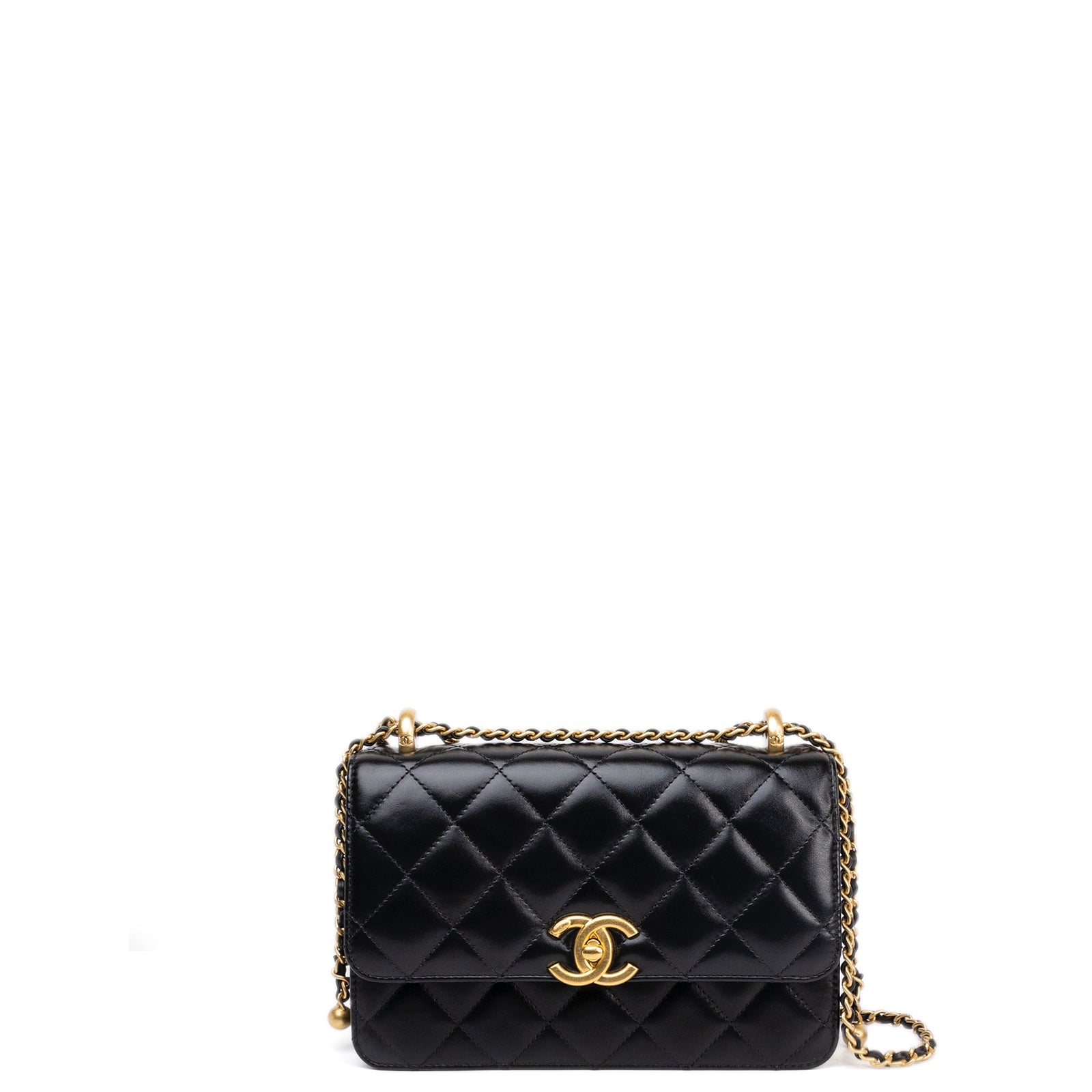 CHANEL GOLD CRUSH SMALL FLAP BAG BLACK CALFSKIN GHW (MICROCHIP)