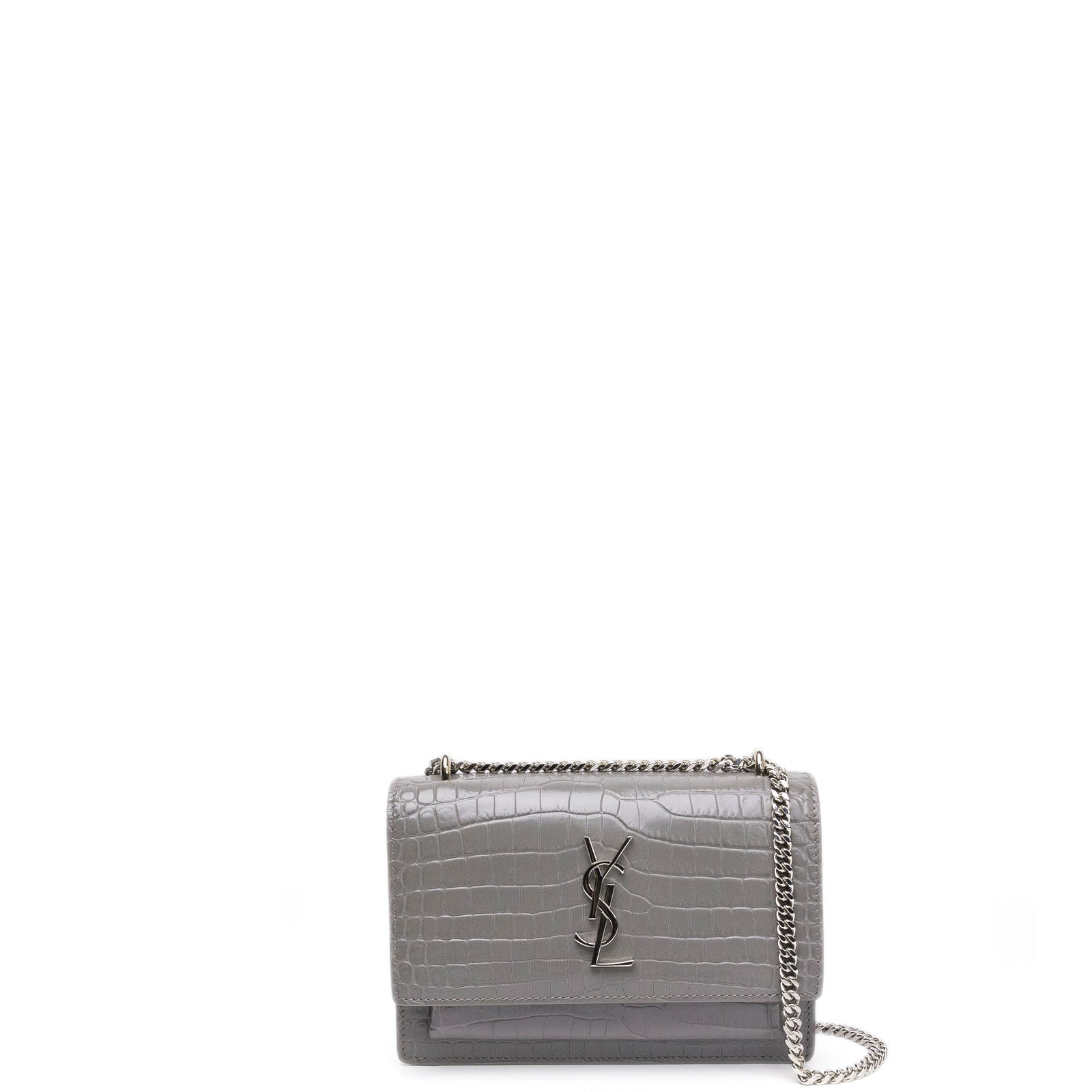 SAINT LAURENT MINI SUNSET BAG GRAY CROCODILE-EMBOSSED CALFSKIN LEATHER SHW
