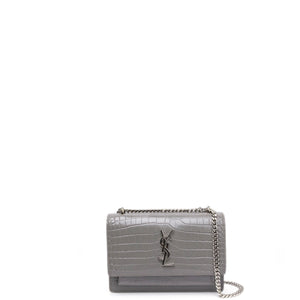SAINT LAURENT MINI SUNSET BAG GRAY CROCODILE-EMBOSSED CALFSKIN LEATHER SHW