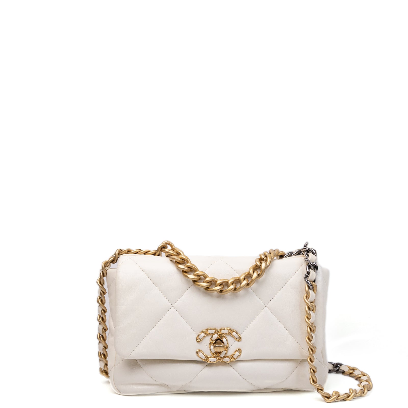 CHANEL SMALL 19 BAG WHITE LAMBSKIN MULTICOLOUR HARDWARE