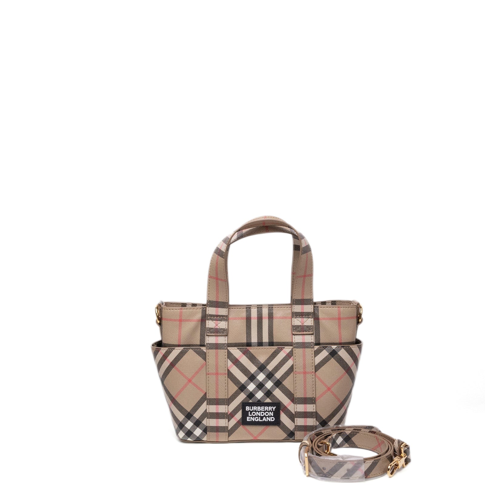 BURBERRY LOGO APPLIQUE VINTAGE CHECK E-CANVAS TOTE BAG GHW