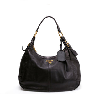 PRADA BLACK VITELLO DAINO LEATHER ZIP TOP HOBO BAG GHW