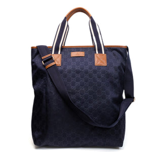 GUCCI TOTE BAG ZIPPER GG PATTERN HANDBAG NAVY NYLON LEATHER