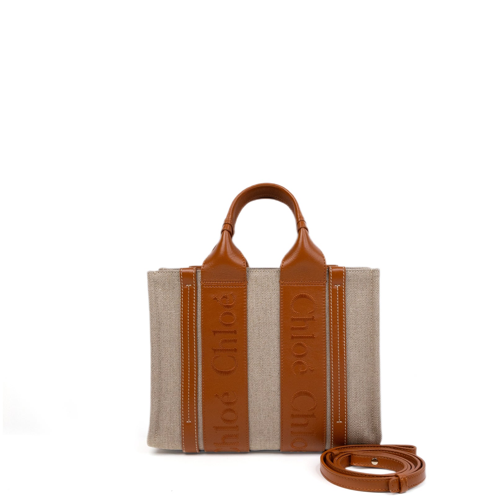 CHLOE WOODY SMALL TOTE BAG CANVAS / LEATHER