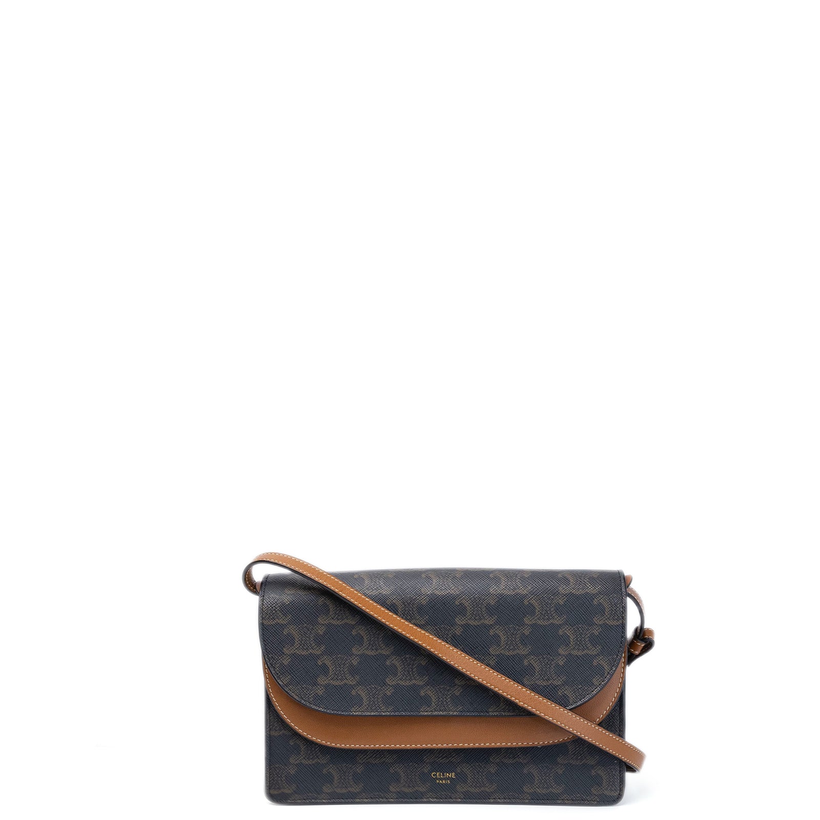 CELINE DOUBLE FLAP TRIOMPHE CANVAS WALLET ON STRAP GHW