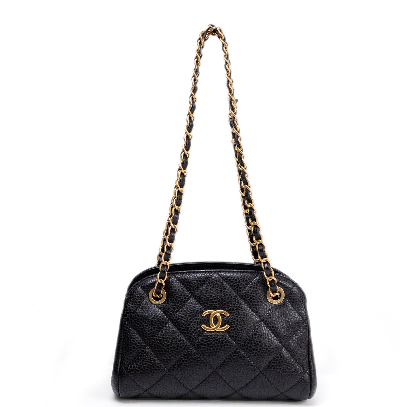 CHANEL 24K BLACK QUILTED MINI BOWLING BAG CAVIAR LEATHER GHW