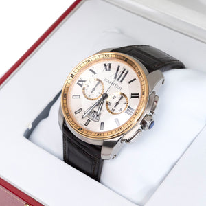 CARTIER CALIBRE DE CARTIER 42MM CHRONOGRAPH STAINLESS STEEL WATCH 18K ROSE GOLD