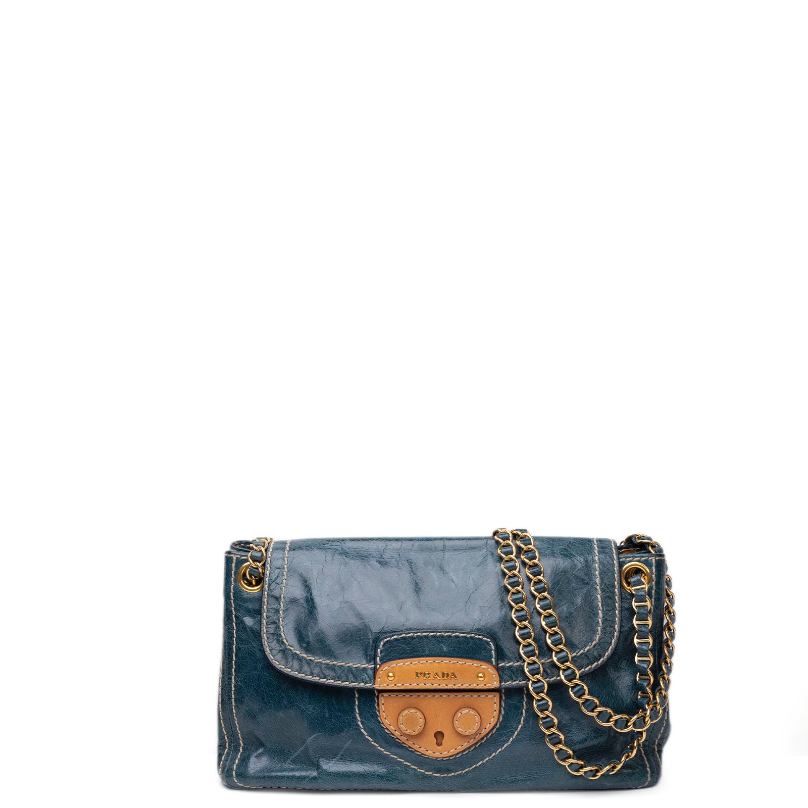 PRADA VITELLO SHINE CHAIN SHOULDER BAG BLUE GHW