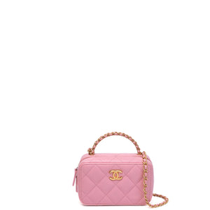CHANEL CC CHAIN HANDLE ZIP AROUND VANITY MINI CASE PINK LAMBSKIN GHW