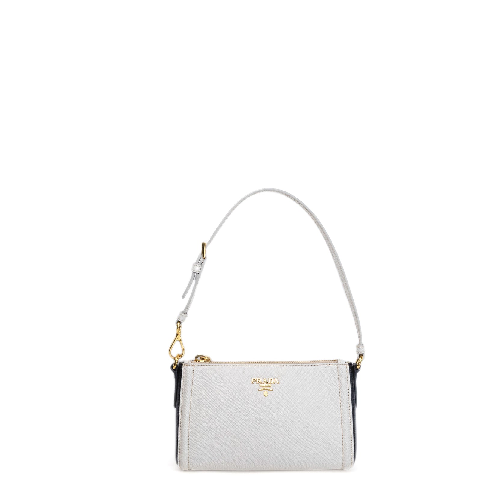 PRADA SAFFIANO LEATHER MINI POCHETTE BAG WHITE / BLACK GHW