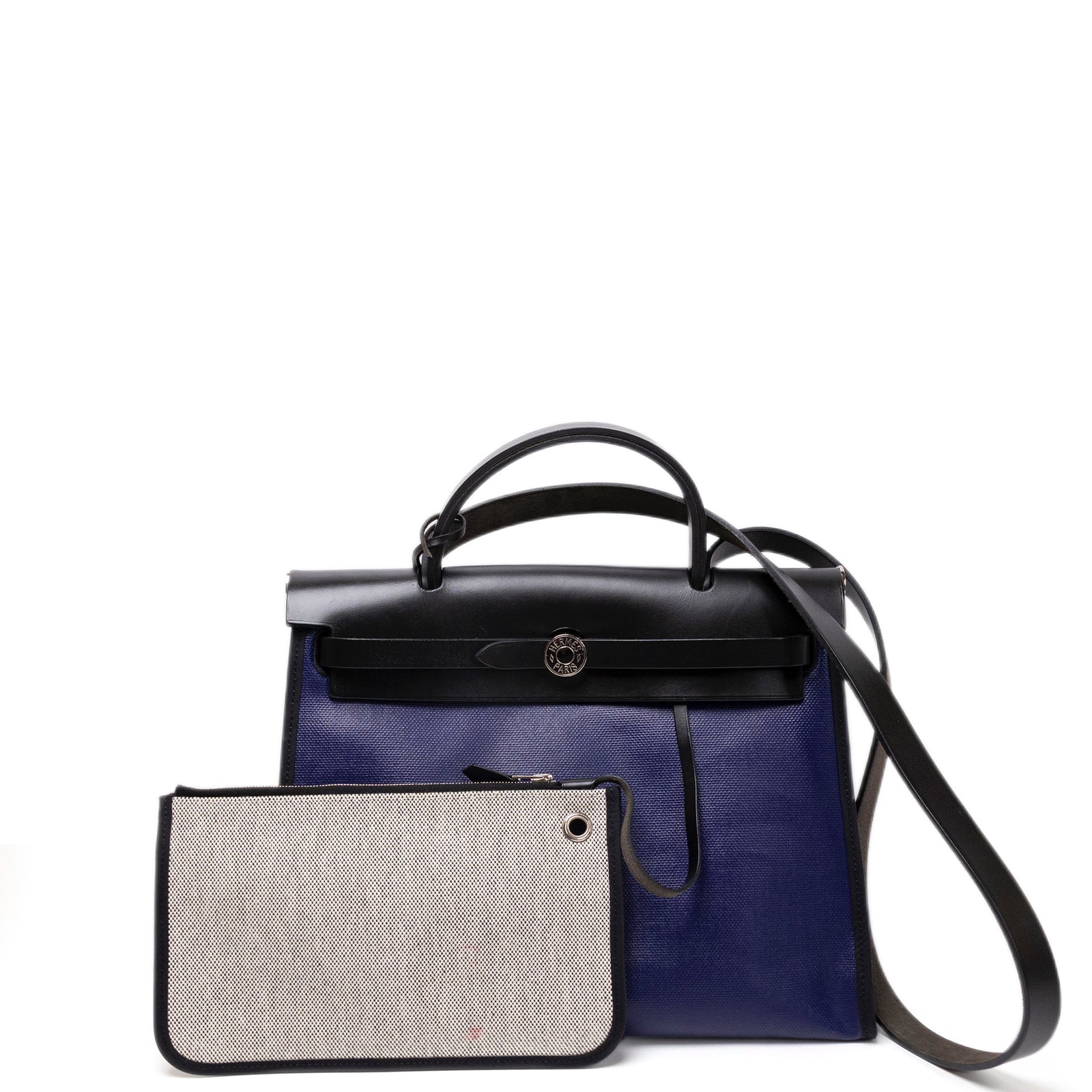 HERMES HERBAG 31 ZIP BAG TOLIE H BERLINE CANVAS / VACHE HUNTER BLUE ENCRE / BLACK SHW STAMP C
