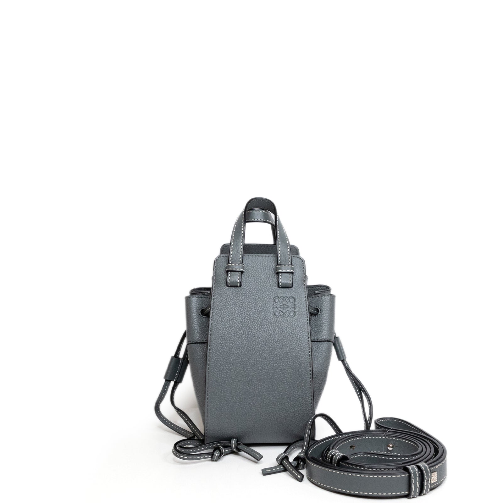 LOEWE MINI HAMMOCK DRAWSTRING BAG GREY GRAINED CALFSKIN LEATHER SHW