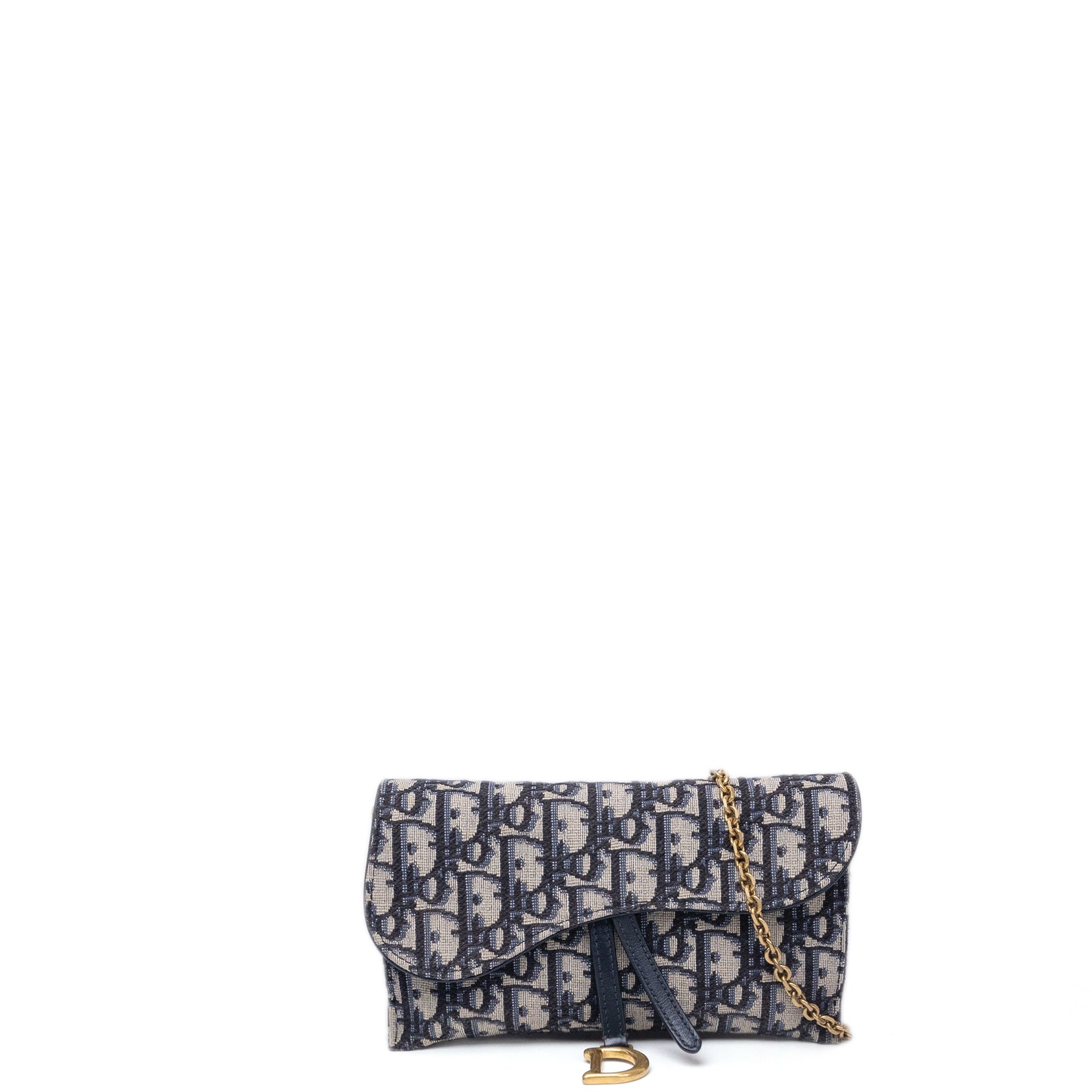 CHRISTIAN DIOR SADDLE WALLET ON CHAIN BLUE OBLIQUE JACQUARD GHW