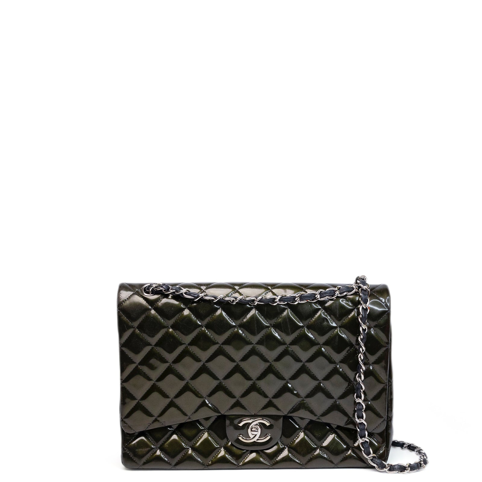 CHANEL MAXI CLASSIC DOUBLE FLAP BAG OLIVE GREEN QUILTED PATENT LEATHER SHW