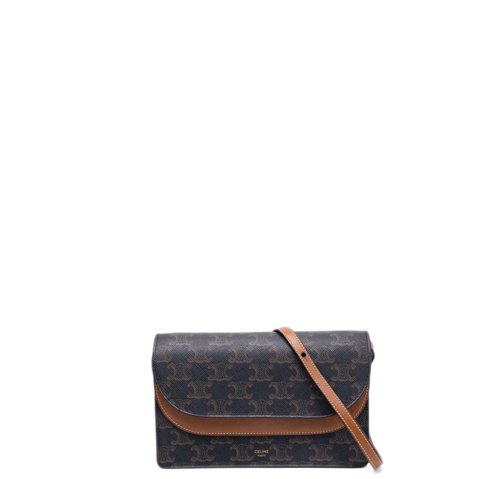 CELINE DOUBLE FLAP TRIOMPHE CANVAS WALLET ON STRAP GHW
