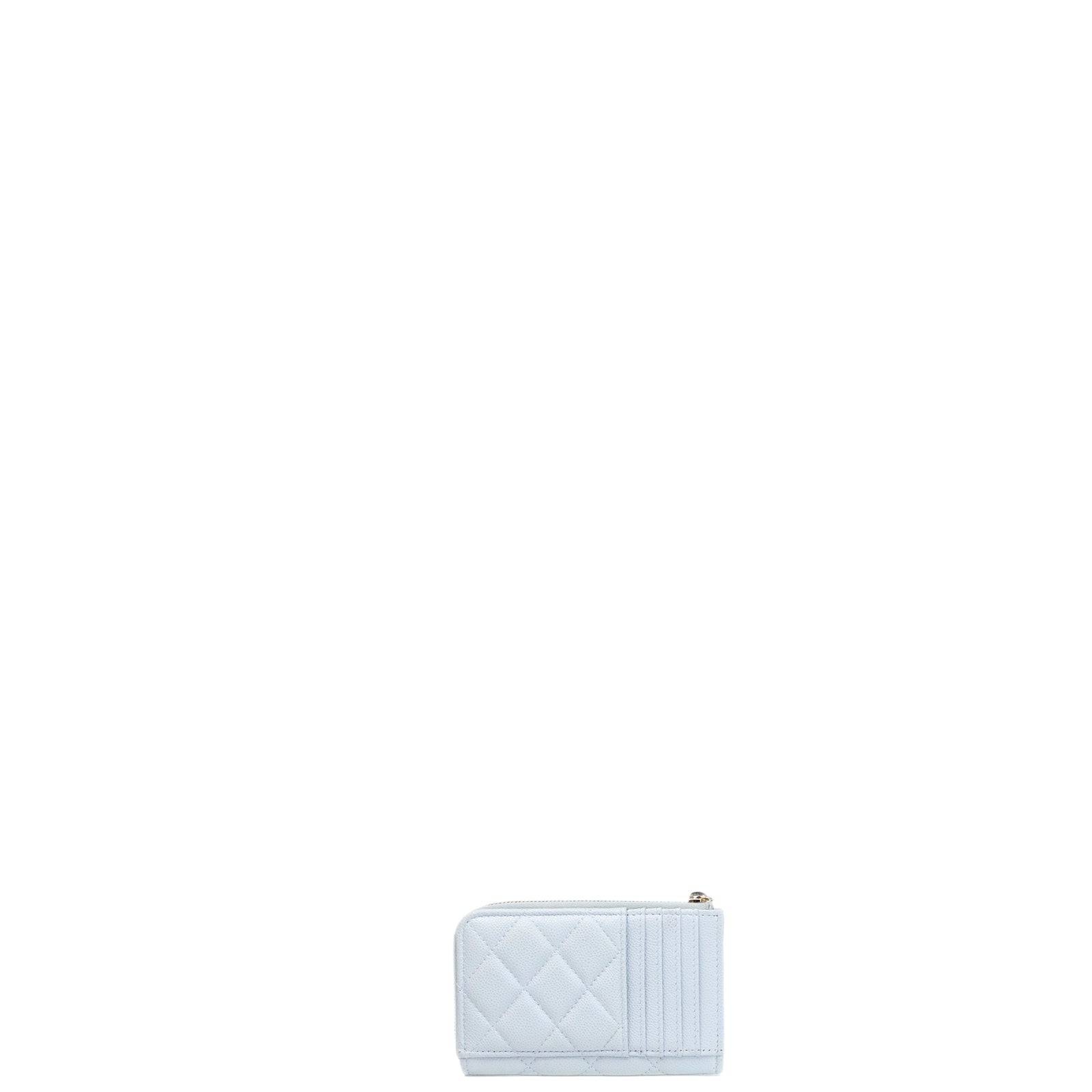 CHANEL CLASSIC ZIPPED CARD HLDER QUILTED GRAINED CALFSKIN LIGHT BLUE GHW
