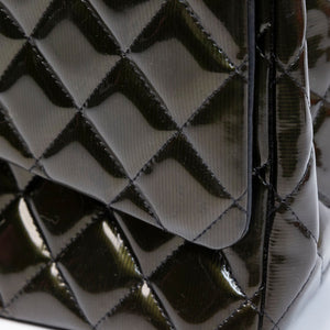 CHANEL MAXI CLASSIC DOUBLE FLAP BAG OLIVE GREEN QUILTED PATENT LEATHER SHW