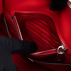 PRADA SMALL GLACE CALFSKIN LEATHER TWIN POCKET SATCHEL RED SHW