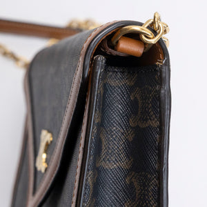 CELINE TRIOMPHE CANVAS CALFSKIN WALLET ON CHAIN TAN GHW