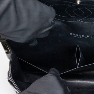 CHANEL MAXI CLASSIC DOUBLE FLAP BAG OLIVE GREEN QUILTED PATENT LEATHER SHW
