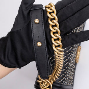 CHANEL MEDIUM LE BOY BRAIDED CHAIN BAG BLACK CALFSKIN LEATHER GHW