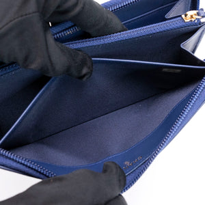 CHANEL SMALL BOY ZIP AROUND CONTINENTAL WALLET BLUE QUILTED CALFSKIN GHW