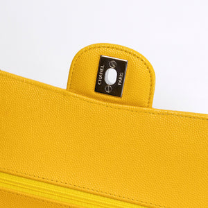 CHANEL MEDIUM CLASSIC CHEVRON DOUBLE FLAP BAG YELLOW CAVIAR SHW