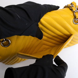 CHANEL MEDIUM CLASSIC CHEVRON DOUBLE FLAP BAG YELLOW CAVIAR SHW