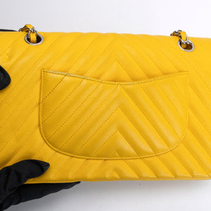 CHANEL MEDIUM CLASSIC CHEVRON DOUBLE FLAP BAG YELLOW CAVIAR SHW