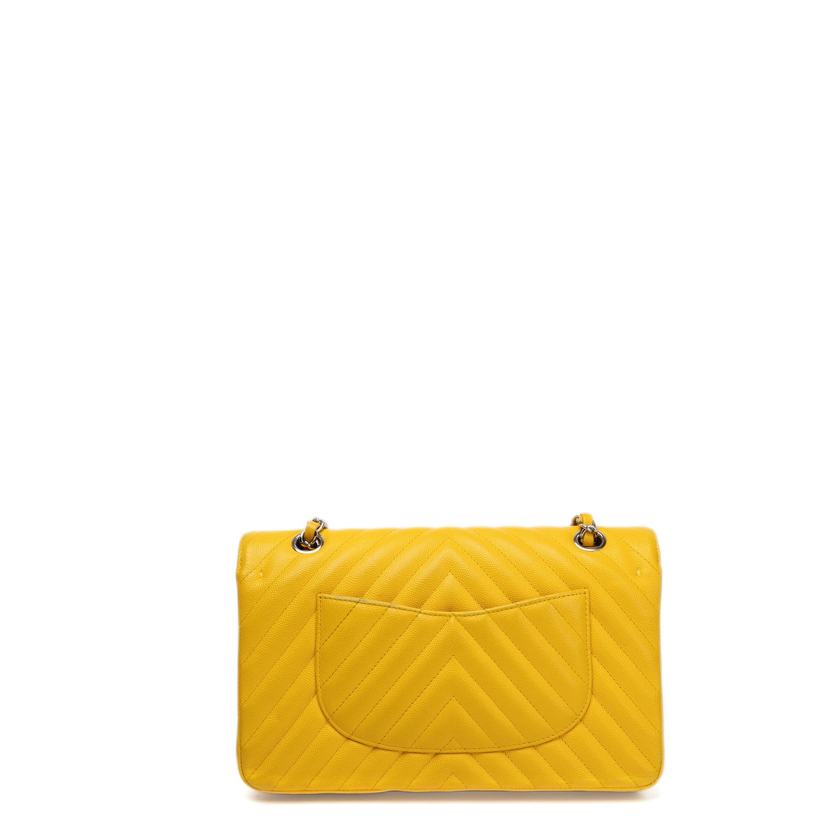 CHANEL MEDIUM CLASSIC CHEVRON DOUBLE FLAP BAG YELLOW CAVIAR SHW