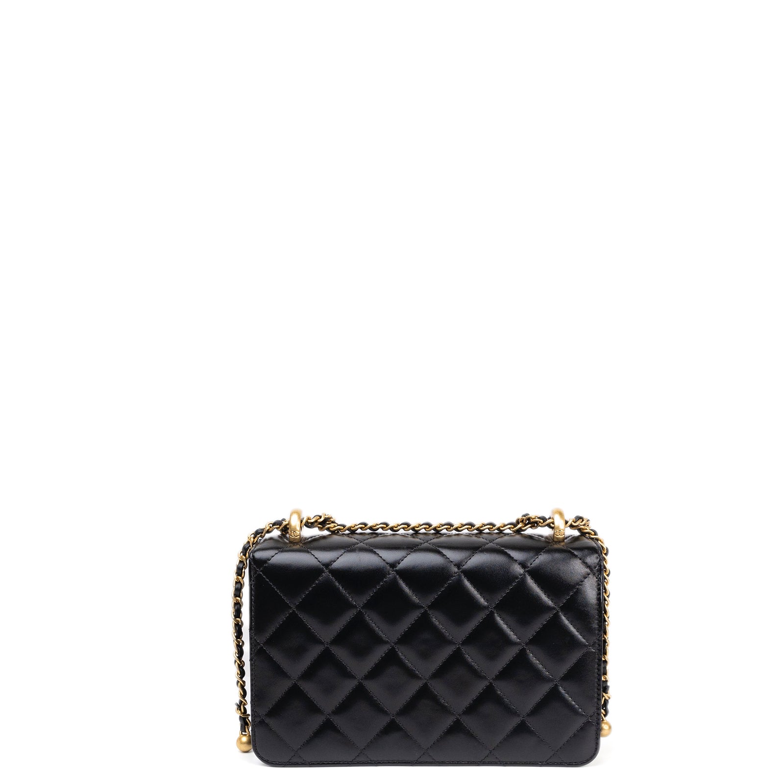 CHANEL GOLD CRUSH SMALL FLAP BAG BLACK CALFSKIN GHW (MICROCHIP)