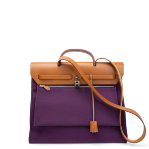 HERMES HERBAG 39 ZIP BAG HUNTER / CANVAS PURPLE SHW STAMP SQUARE O