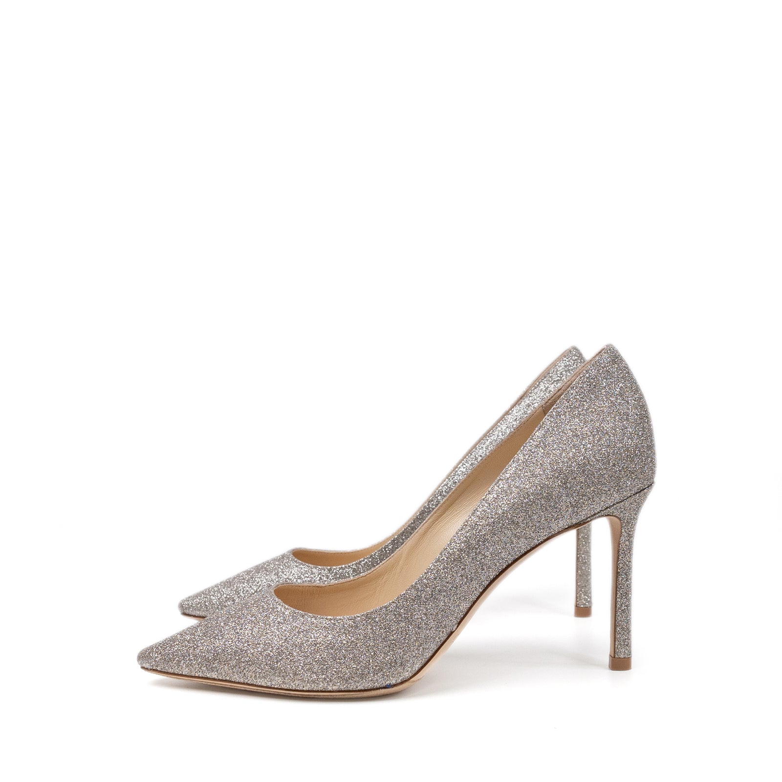 JIMMY CHOO ROMY 85mm PLATINUM ICE DUSTY GLITTER POINTY TOE PUMPS