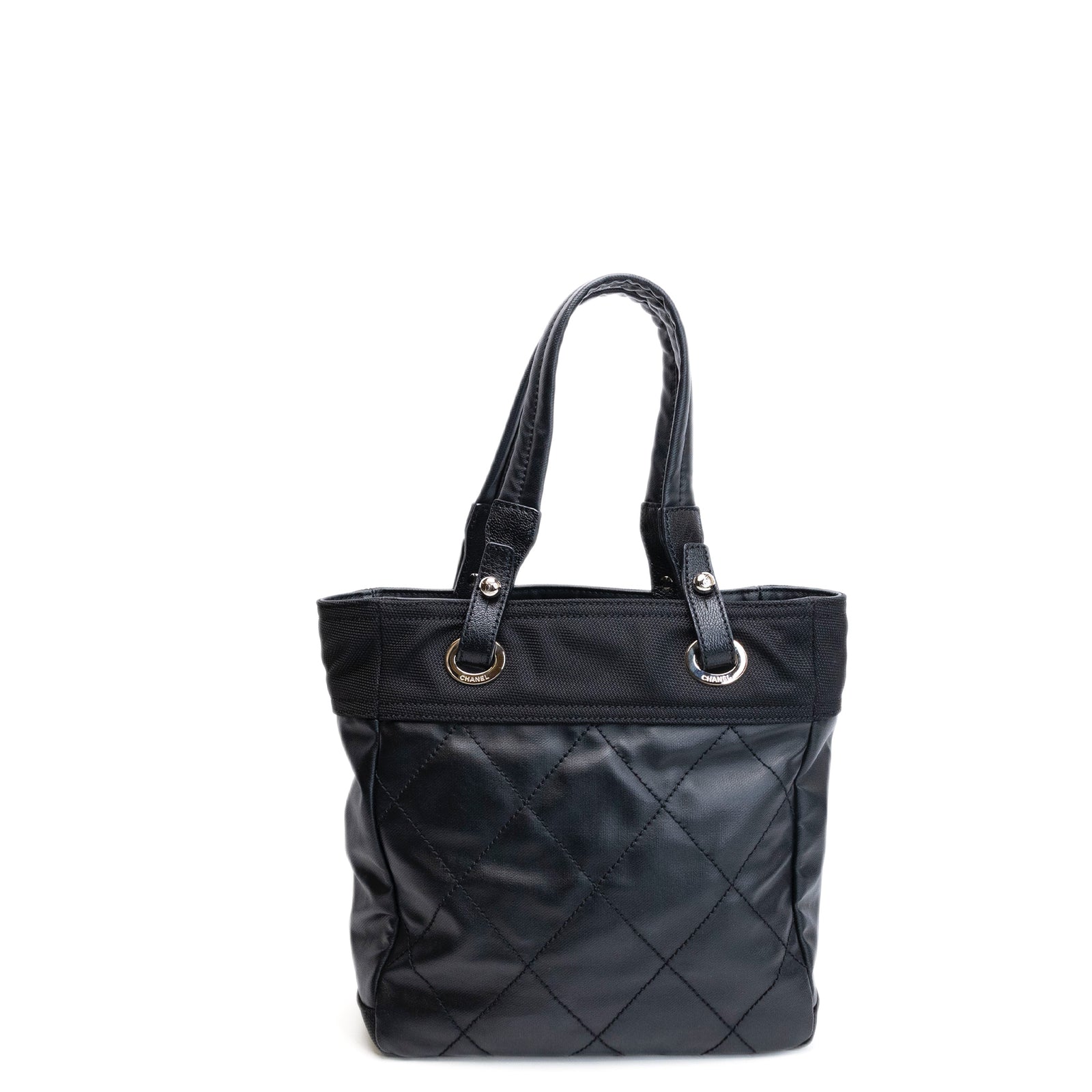 CHANEL SMALL QUILTED COATED CANVAS PARIS BIARRITZ TOTE BAG BLACK SHW