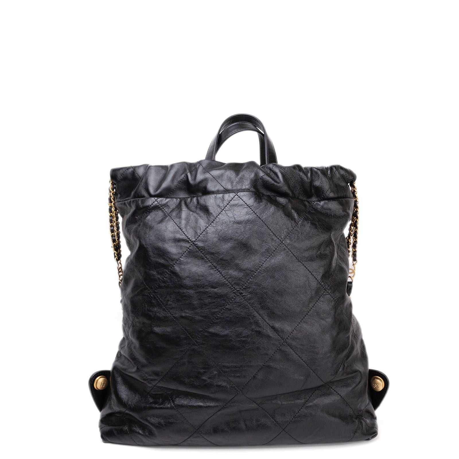 CHANEL LARGE 22 BACKPACK GOLD LETTER LOGO SHINY CALFSKIN BLACK GHW (MICROCHIP)