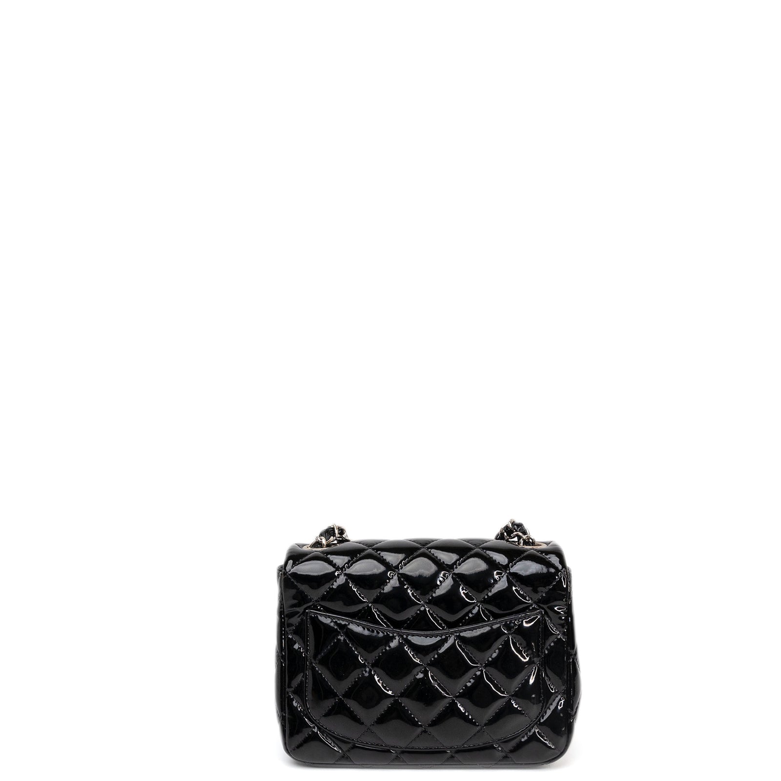 CHANEL MINI SQUARE FLAP BAG BLACK PATENT LEATHER SHW (MICROCHIP)