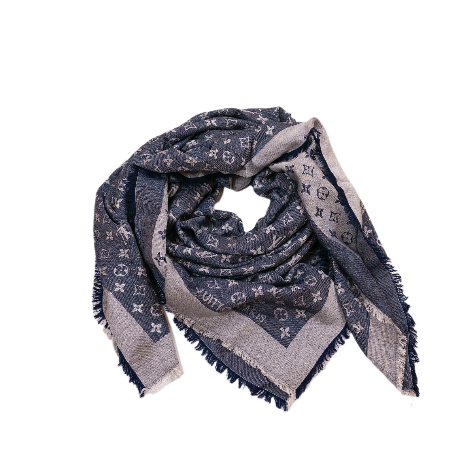 LOUIS VUITTON SILK WOOL MONOGRAM DENIM SHAWL PEARL GREY